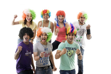 Youngsters with wigs cheering 
