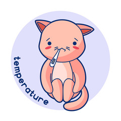 Temperature sick cute kitten. Illustration of kawaii cat