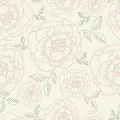 Vector seamless handdrawn pattern from countur dog roses blossom and fresh branches. For fabric, cloth design, wallpaper.