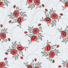 Vector seamless handdrawn pattern from dog roses blossom and fresh branches. For fabric, cloth design, wallpaper.