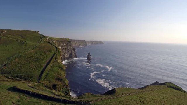 aerial birds eye view from the cliffs of moher in county clare ireland. beautiful scenic irish landscape and seascape along the wild atlantic way