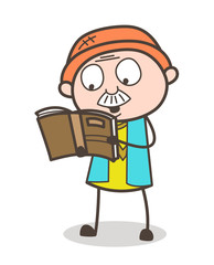 Cartoon Old Man Reading Book Vector Illustration