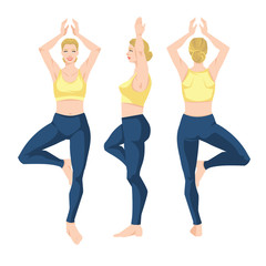 Vector illustration of young girl in yoga pose isolated on white background. Young woman in clothes for sport or fitness. Various turns woman's figure. Front view, side and back  view.