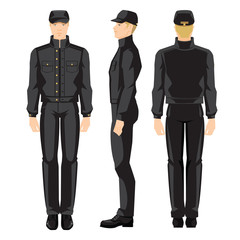 Vector illustration of worker man in uniform isolated on white background. Various turns man's figure. Front view , side and back view.