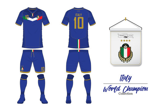 Soccer Jersey Or Football Kit In World Championship Collection. Italy Football National Team. Football Logo With House Flag. Sport Shirt Mock Up. Front And Rear Soccer Uniform. Vector Illustration. 