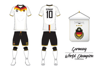 Fototapeta premium Soccer jersey or football kit in World Championship Collection. Germany football national team. Football logo with house flag. Sport shirt mock up. Front and rear soccer uniform. Vector Illustration.