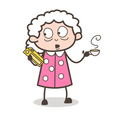 Cartoon Old Lady Holding a Book and Drinking a Hot Coffee Vector Illustration