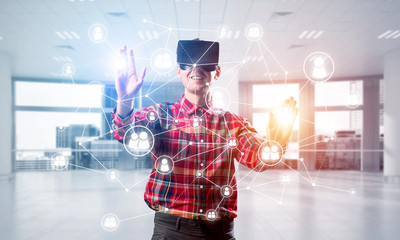 Guy wearing checked shirt and virtual mask demonstrating some emotions