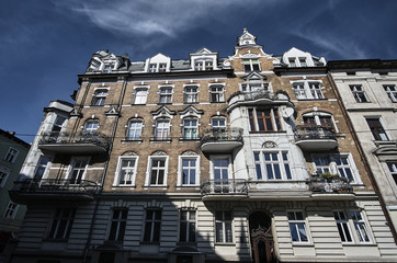 Art Nouveau facade of the building in Poznan.