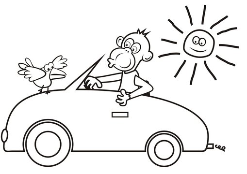 Monkey at car, funny illustration, vector icon