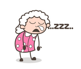 Cartoon Funny Old Lady Running Nose and Sleeping Vector Illustration