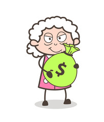 Cartoon Evil Old Lady Holding a Money Bag Vector Illustration