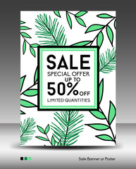 Sale Banner or Poster layout template, jungle leaf, floral tropical summer background, flyers, invitation, brochure, voucher discount, Vector illustration