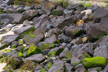 Large rocks on a beach in Cornwall in the summertime, around mid day.