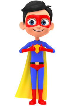 Superman boy shows two thumbs up. 3d render illustration.