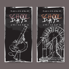 Two banners with school related sketches featuring microscope and electric generator model on black.
