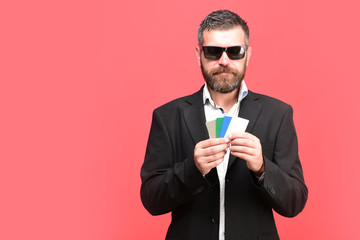 Business and luck concept. Businessman with empty cards, copy space