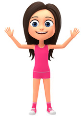 Girl in pink clothes hands up. 3d render illustration.