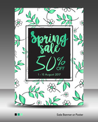 Spring Sale Banner or Poster layout template, jungle leaf, floral tropical summer background, flyers, invitation, brochure, voucher discount, Vector illustration