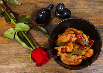Fried Ravioli with Sauce on a wooden background. top view