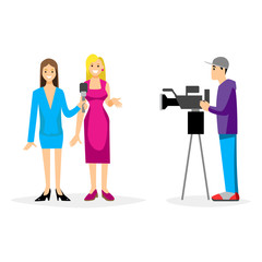 Vector illustration Tv journalist taking interview in front camera