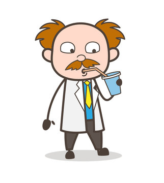 Cartoon Scientist Drinking Energy Drink Vector Illustration
