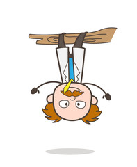Cartoon Funny Scientist Hanging Upside Down on Branch
