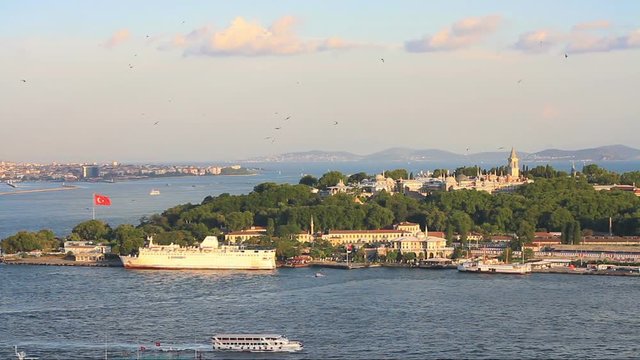Topkapi Palace, Historical Peninsula of Istanbul. Cruise ship in berth at Sarayburnu. Static long shot