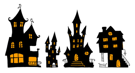 Magic house with glowing Windows for Halloween. The sketch marker. Vector