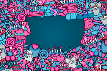 Birthday cartoon doodle design. Cute background concept for anniversary greeting card,  advertisement, banner, flyer, brochure. Hand drawn vector illustration. Blue and pink color.