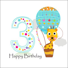 Obraz premium Third birthday with hot air balloon and giraffe. Happy birthday greeting card