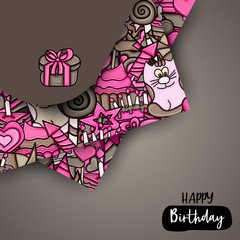 Birthday cartoon doodle design. Cute background concept for anniversary greeting card,  advertisement, banner, flyer, brochure. Hand drawn vector illustration. Brown and pink color.