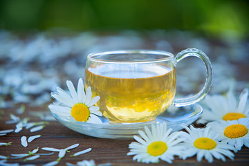 Crystal cup with green tea on table