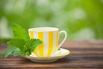 porcelainl cup with green tea on table