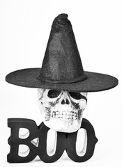 Skull wearing a witch's hat perched on a 