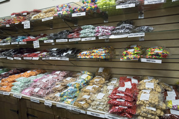 Bags of vintage candy on display