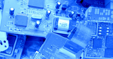 Microchips of various electronic devices, technology, background.Toned  image.panorama