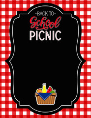 Back to School picnic announcement template. Chalkboard background with picnic basket. vector.