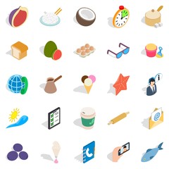 Breakfast with tea icons set, isometric style