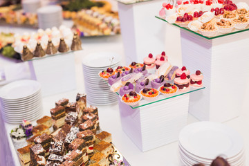 Different kinds of baked sweets on a buffet