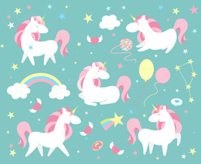 Unicorn character set. Cute magic collection with unicorn, rainbow, heart ,fairy wings and balloon. Catroon style vector illustration - 167151169