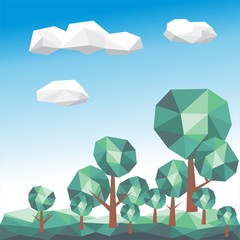Geometric low poly trees set. Green landscape wit blue background with clouds.