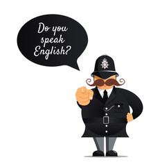 Vector illustration - Police officer pointing at you. Do you speak english concept. Concept of learning English.