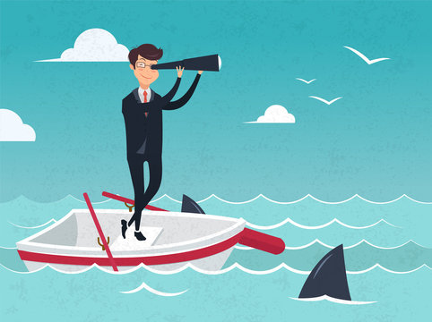 Vector illustration of businessman on boat watching through telescope Search for opportunities. Concept business illustration