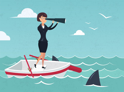 Vector illustration of businesswoman on boat watching through telescope Search for opportunities. Concept business illustration