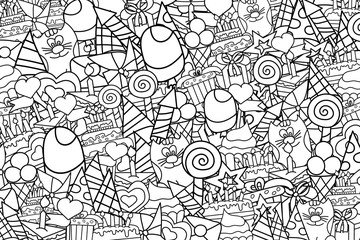 Obraz premium Birthday celebration cartoon outlined doodle design coloring page. Cute background concept for greeting card, advertisement, banner, flyer, brochure. Hand drawn lineart vector illustration.