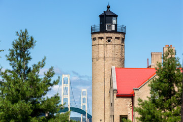 Old Mackinac Point Lighthouse and Mackinac Bridge in Mackinaw City Michigan