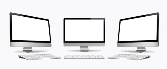 Desktop computer screen with keyboard vector isolated, monitor, realistic,3D, isolated - stock vector. - obrazy, fototapety, plakaty