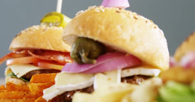 Hamburgers arranged in a row