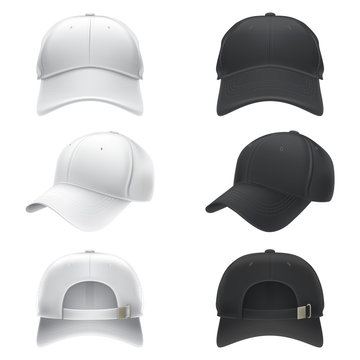 Vector realistic illustration of a white and black textile baseball cap front, back and side view, isolated on white. Print, template, moc up, design element